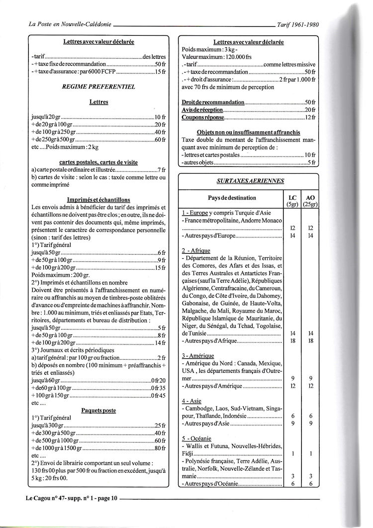 Tarifs postaux Nouvelle-Caledonie 1961 - 1980 page 10c