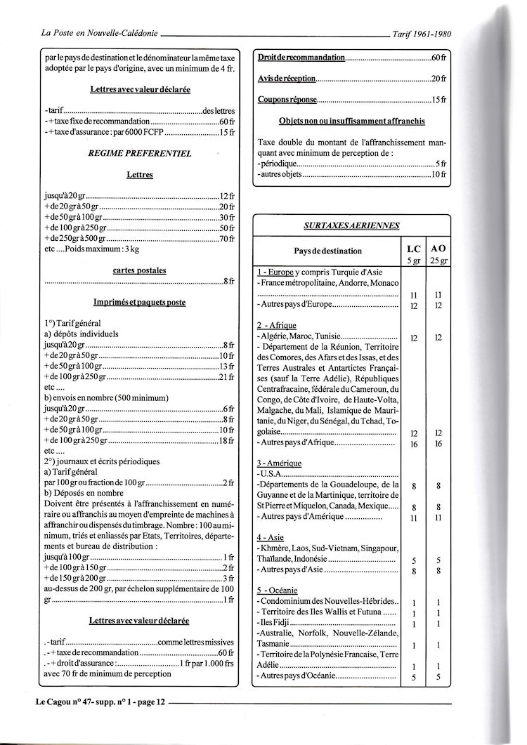 Tarifs postaux Nouvelle-Caledonie 1961 - 1980 page 12c