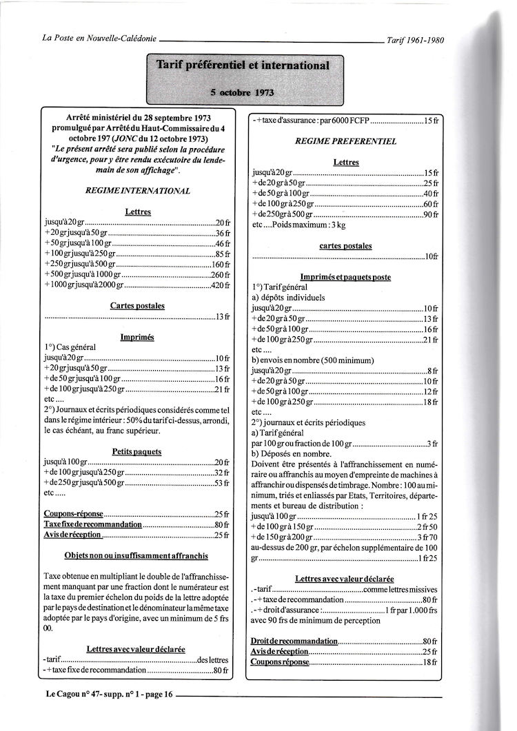Tarifs postaux Nouvelle-Caledonie 1961 - 1980 page 16c