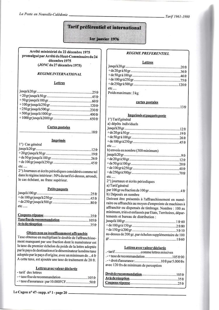 Tarifs postaux Nouvelle-Caledonie 1961 - 1980 page 20c