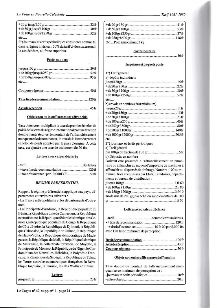 Tarifs postaux Nouvelle-Caledonie 1961 - 1980 page 24c