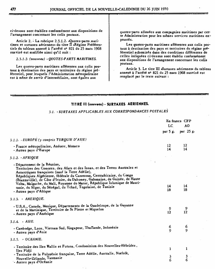 Tarif postal de Nouvelle-Caledonie du 14 mai 1970 page 2