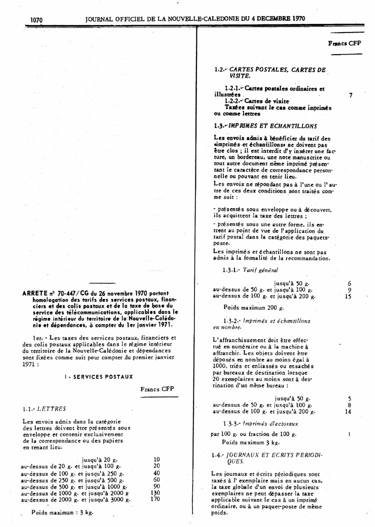 Tarifs postaux de Nouvelle-Caledonie du 26 novembre 1970 page 1