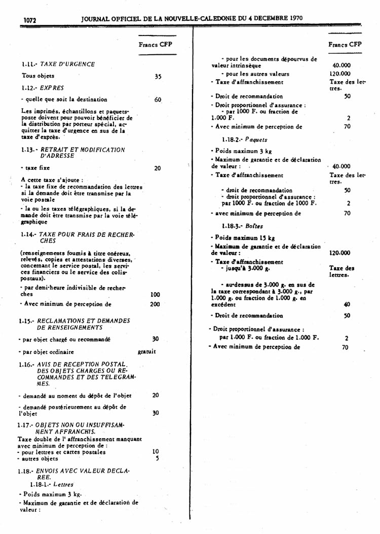 Tarifs postaux de Nouvelle-Caledonie du 26 novembre 1970 page 3