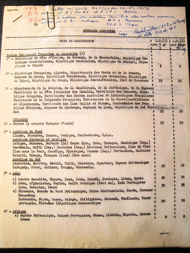 Surtaxes postales aériennes au départ du Togo au 1/1/59