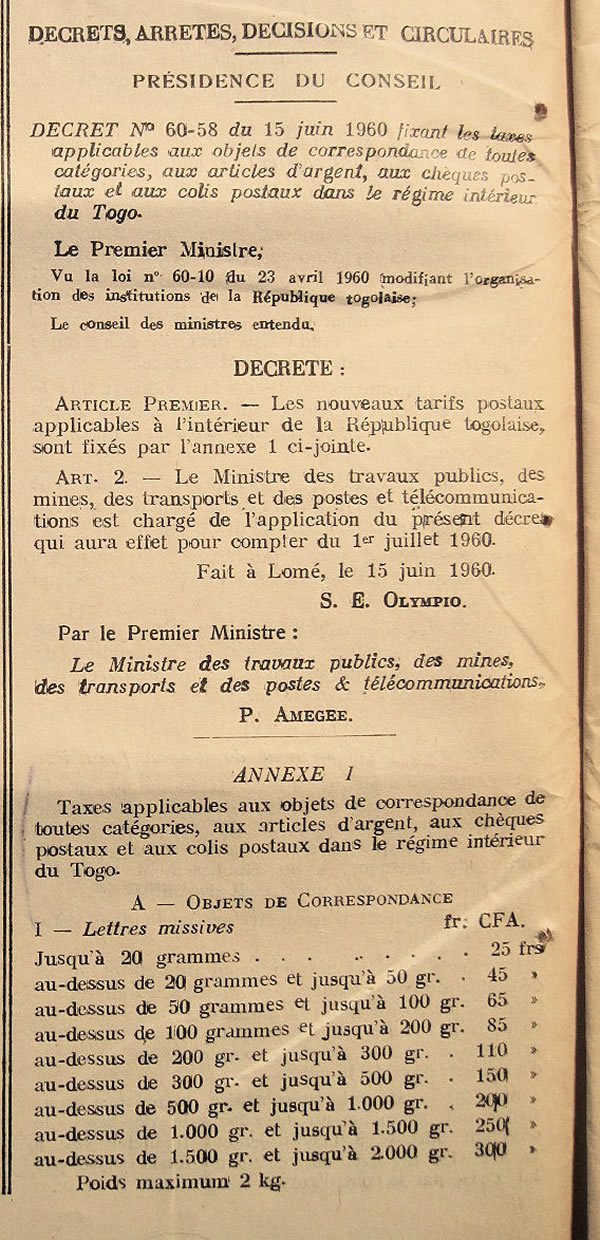 Tarifs postaux du Togo dans le régime intérieur