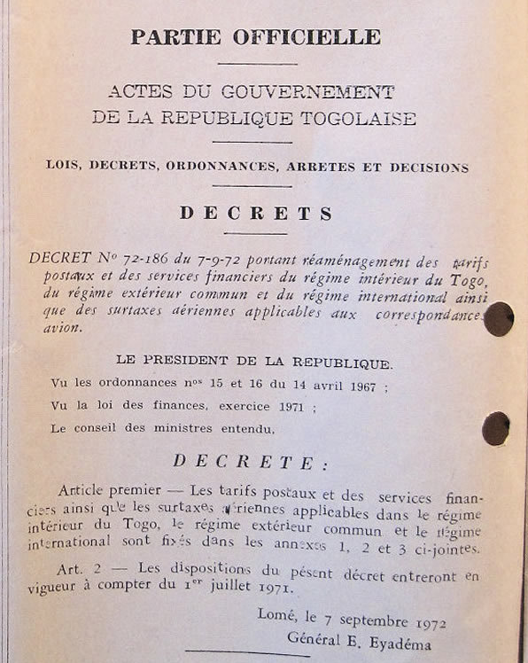 Tarifs postaux du Togo régime intérieur, régime étendu et régime international
1er juillet 1971 (décret du 7 septembre 1972)