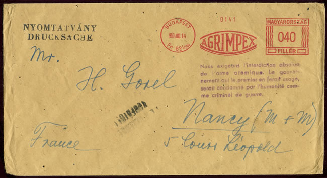 Griffe Appel de Stockholm sur imprimé de Hongrie pour la France