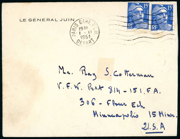 Lettre à ent^te imprimé du général Juin novembre 1951