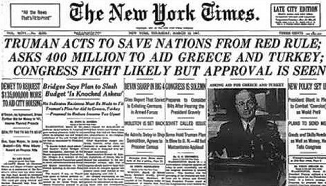 Une du New-Yorlk Times sur la doctrien Truman