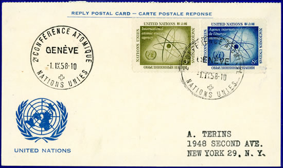 Oblitération 2ème conférence atomique sur carte postale réponse