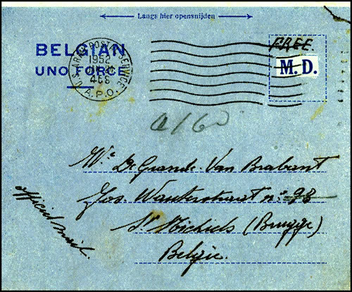 aérogramme belge utilisé en Corée