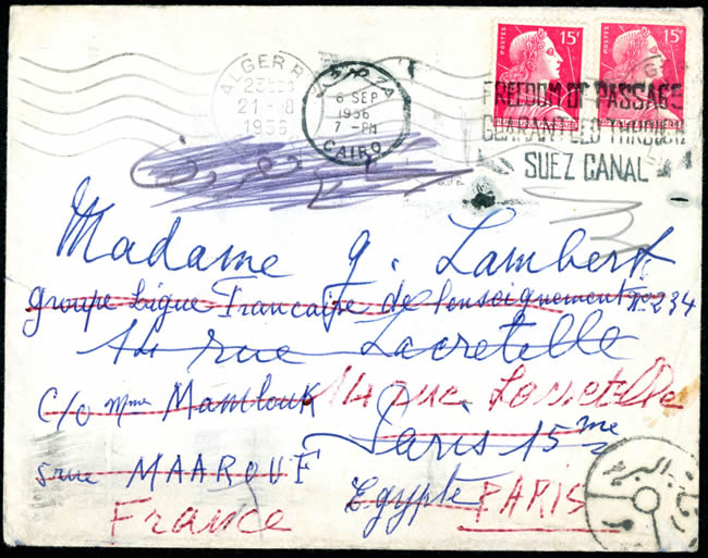 Lettre d'Algérie pour Paris réexpédiée au Caire pendant la Crise de Suez