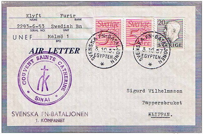 Aérogramme forces suedoises Sinaï