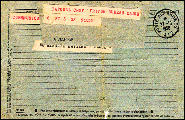 tad Poste aux Armées 412 sur télégramme