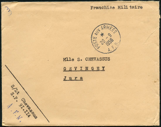 Lettre en franchise du SP 9114 lors de l'Opération Mousquetaire