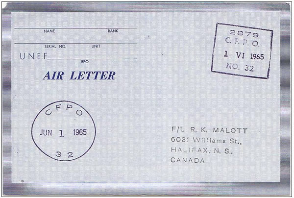 Aérogramme UNEF utilisé par les forces canadiennes