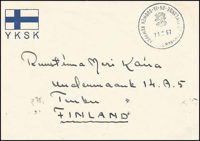 Lettre avec drapeau finlandais utilisée par les forces finlandaises  de l'UNEF