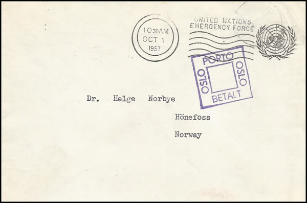 Aérogramme UNEF utilisé par les forces norvégiennes