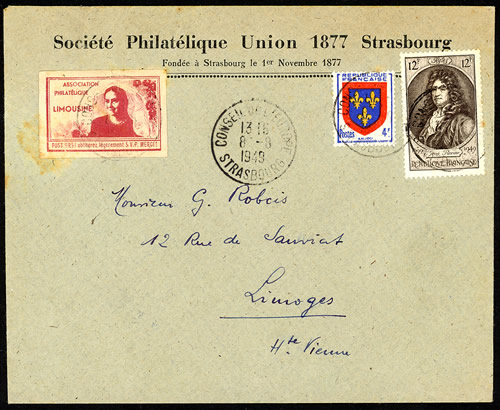 Lettre du Conseil de l'Europe oblitérée du 8/8/49