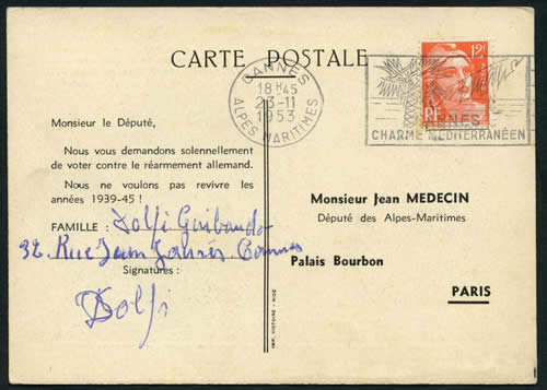 Carte pétition contre le réarmement allemand