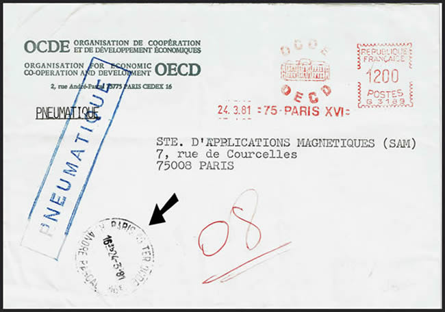 Cachet pneumatique OCE sur lettre