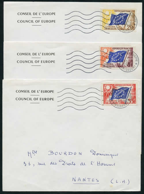 FDC drapeau Conseil de l'Europe oblitération mécanique 1958
