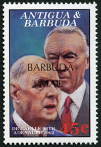 Timbre de Antigua avec de gaulle et Adenauer