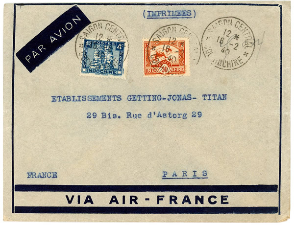Imprimé par avion d'Indochine pour Paris février 1940
