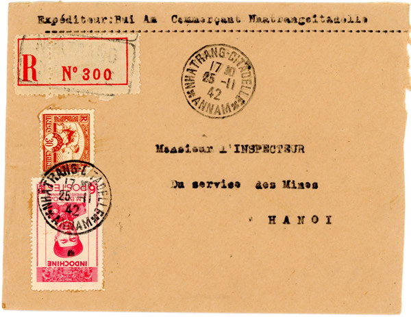 Lettre recommandée de Nhatrang-Citadelle pour Hanoi novembre 1942