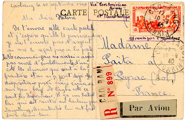 Carte postale recommandée de Caobang pour le Lot par la voie des USA r