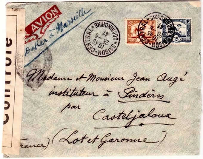 Lettre bateau saigon-Dakar et avion-Dakar-Marseille