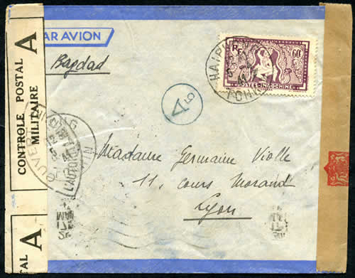 Lettre Haiphong pour Lyon avril 41 via Bagdad