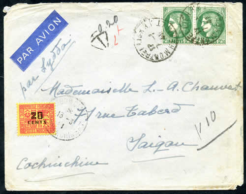 Lettre de l'Hearault pour Saigon affranchie à 4F et taxée à 20cts