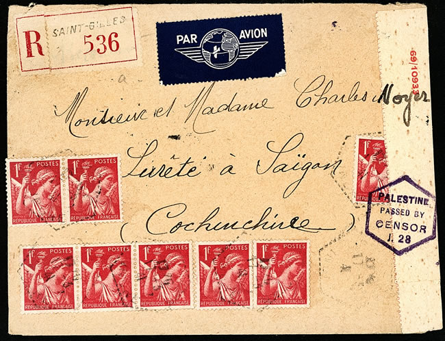 Lettrerecommandée par avion  de la zone non-occupée vers la Cochnchine par la voie de Lydda