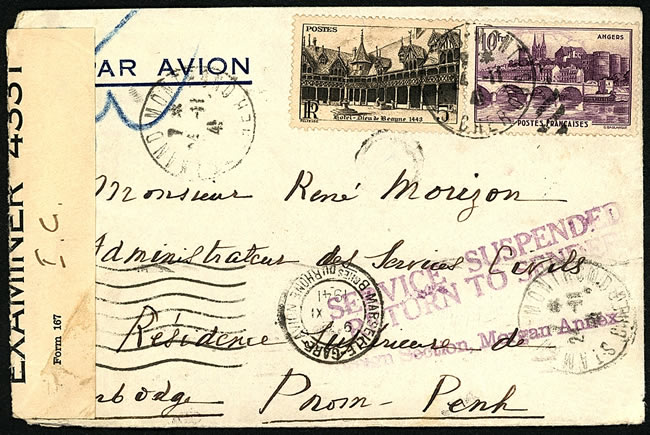 Lettre par avion pour le Cambodge affranchie à 19F mais stoppée à case de PearlHarbor