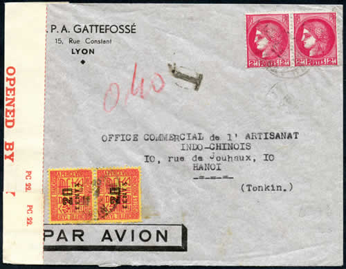Lettre Lyon à Hanoi par le Moyen-Orient taxée à l'arrivée