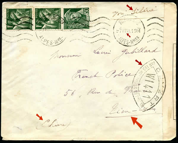 Lettre de Nice pour Tien tsin mars 1941