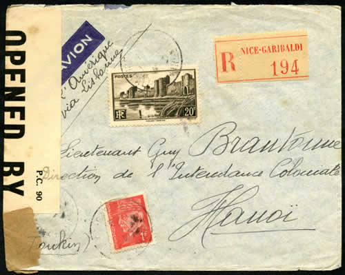 Lettre recommandée de Nice pour Hanoi par la vie des USA