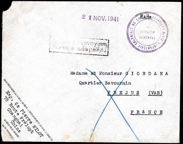 Lettre de Shanghai bloquée à Haiphong 8/12/41