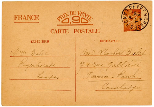 Carte Interzones  des Landes pour le Cabodge avril 1941