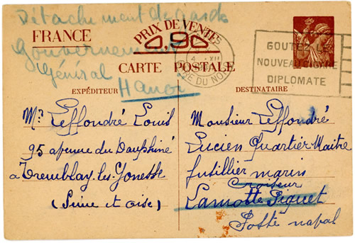 Carte interzone Paris indochine decembre 1940 -r