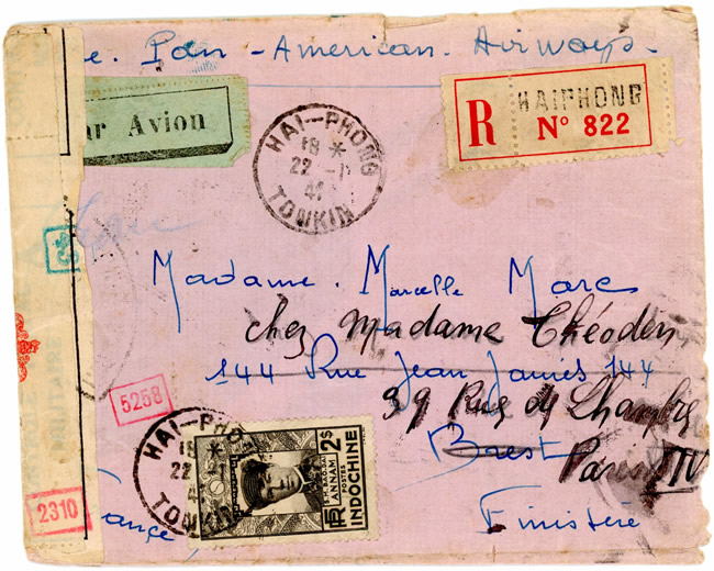 Lettre de Haiphong pour Brest en zone occupée par voi des USA via Libonne, Madrid et Münich