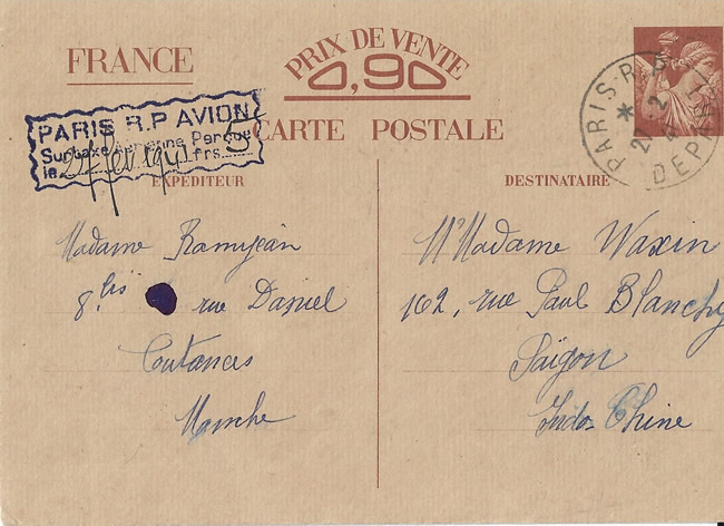 Carte interzones pour L'indochine avec surtaxe de 5F via Bagdad