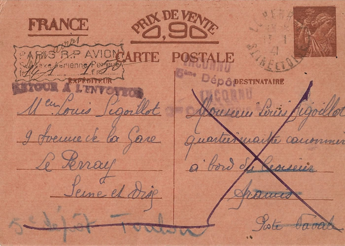 Carte interzones par avion au tarif spécial pour marins militaires vers Indochine