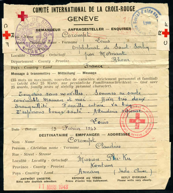 Message Croix-rouge de Lyon pour l'Annam