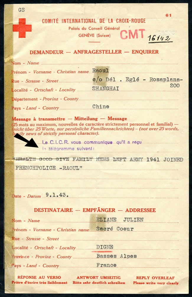 Message Croix-rouge télégraphique de Shanghai