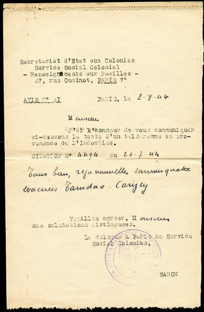 Message via le secrétariat aux colonies