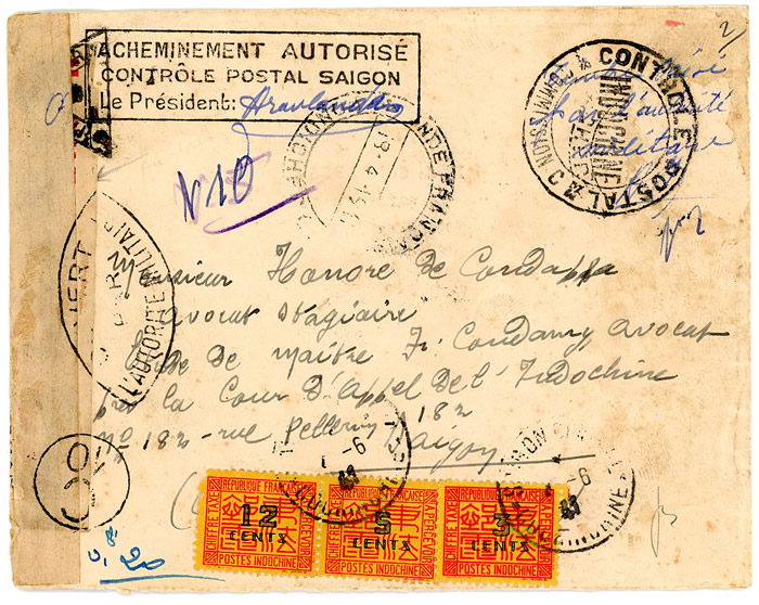 Lettre de Pondichery pour l'Indochine affranchie avec timbre France Libre arraché