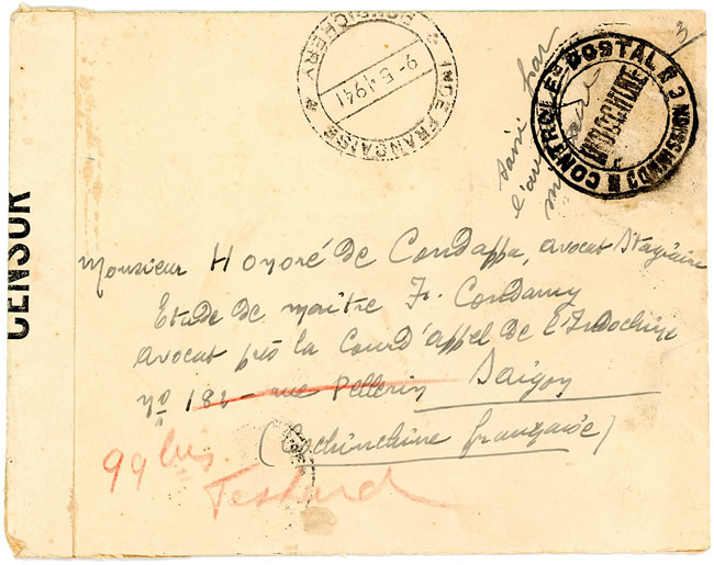 Lettre de Pondichery pour saigon  dont le timbre France Libre a été arraché par la censure 1941